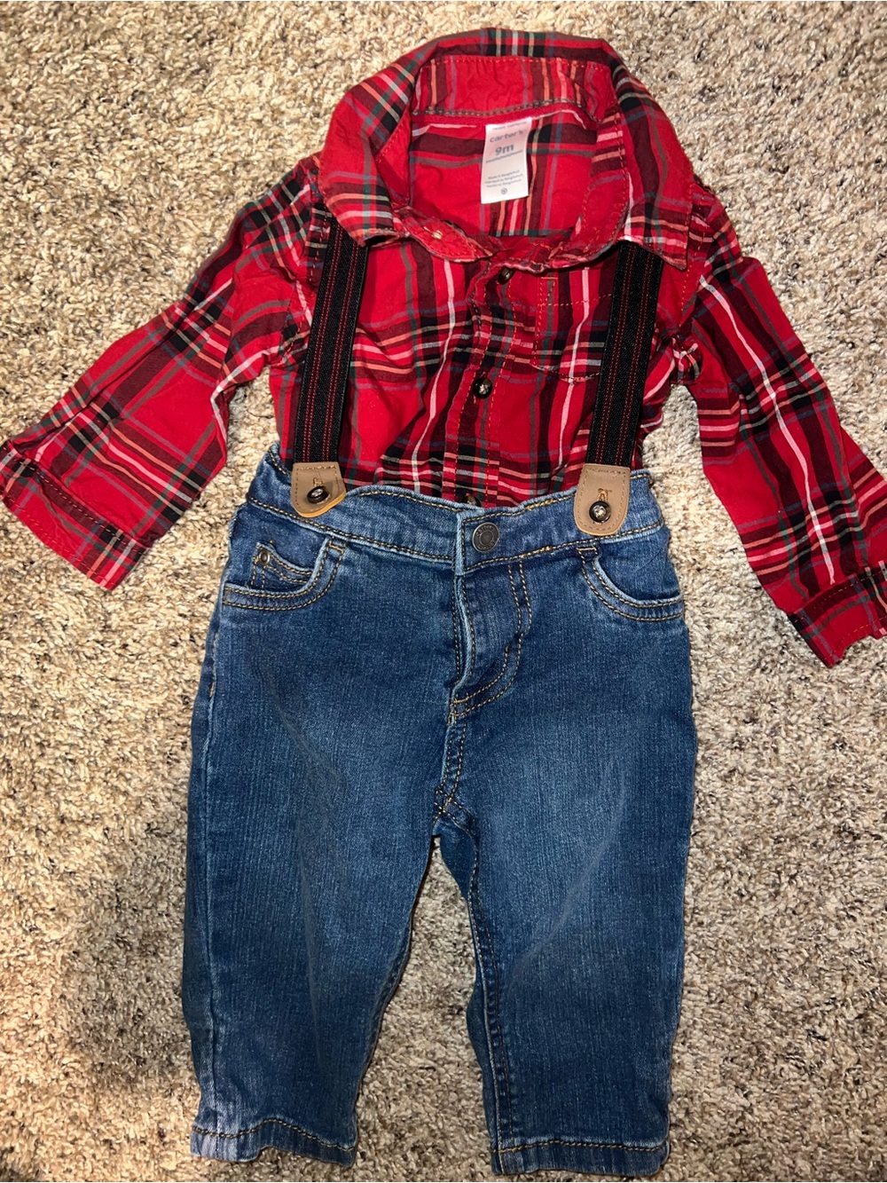 Carter's Red Plaid Shirt with Blue Denim Pants & Suspenders